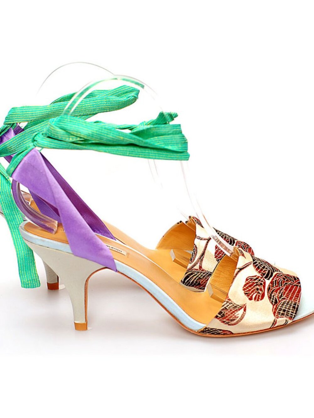 NYC Designer Handmade Silk Jacquard Satin Kitten Heels w. Leather Outsoles NEW